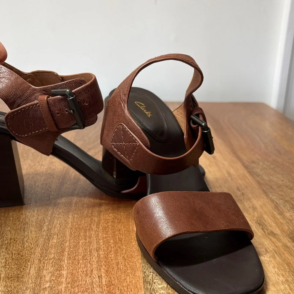 Clarks Brown Leather Block-Heeled Sandals Size 9.5